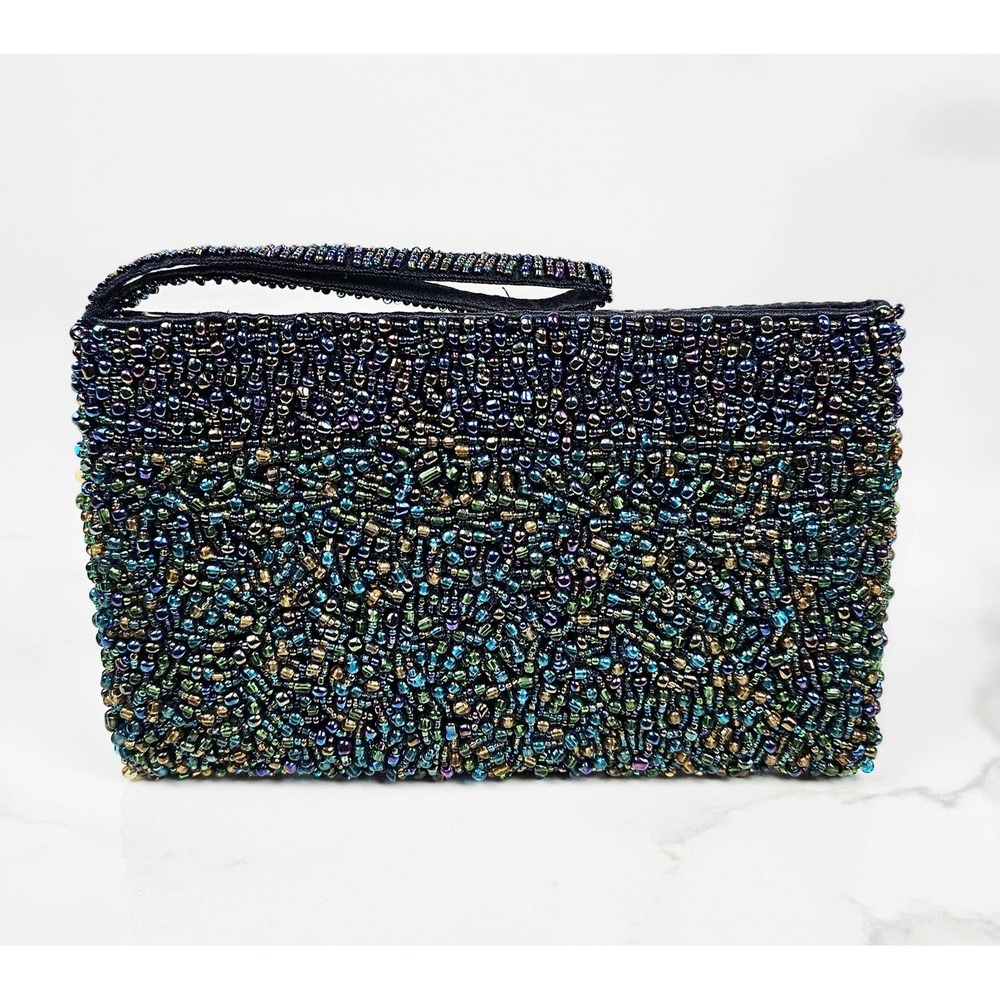 YKK Iridescent Beaded Wristlet Clutch Peacock Slick Evening‎ Bag Zipper Closure